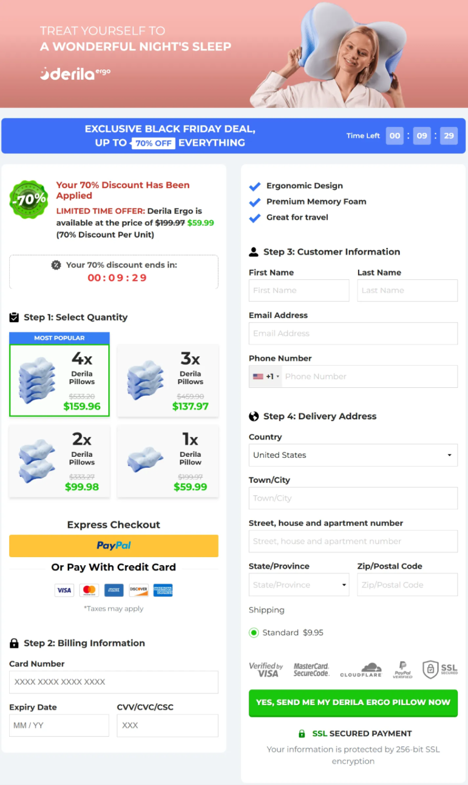 secure payment checkout icons for Derila Ergo pillow including Visa Mastercard and PayPal